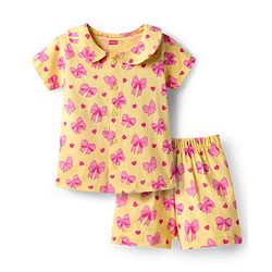 Babyhug Cotton Knit Half Sleeves Top & Shorts Co-ord Night Suit With Heart & Bow Print - Yellow