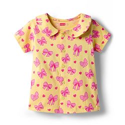 Babyhug Cotton Knit Half Sleeves Top & Shorts Co-ord Night Suit With Heart & Bow Print - Yellow
