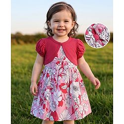 Babyhug Cotton Woven Half Sleeves Frocks with Shrug Floral Print White 0-3 Months