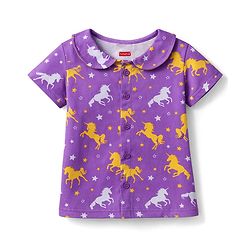 Babyhug Cotton Knit Half Sleeves Peter Pan Collared Co-Ords Top & Short Nigh Suit  With Unicorn Print - Purple