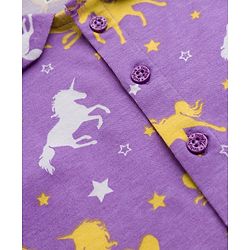 Babyhug Cotton Knit Half Sleeves Peter Pan Collared Co-Ords Top & Short Nigh Suit  With Unicorn Print - Purple