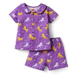 Babyhug Cotton Knit Half Sleeves Peter Pan Collared Co-Ords Top & Short Nigh Suit  With Unicorn Print - Purple