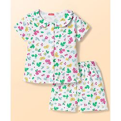 Babyhug Cotton Knit Half Sleeves Co-Ord T-Shirt & Shorts Night Suit With Floral - White