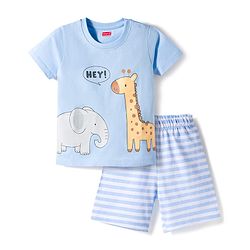 Babyhug Cotton Knit Half Sleeves T-Shirt & Shorts Night Suit With Elephant & Giraffe Print - Blue