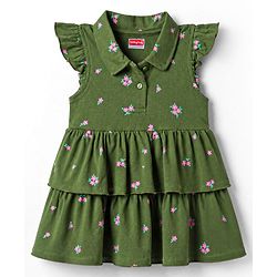 Babyhug 100% Cotton Knit Half Sleeves Frock with Floral Print - Green