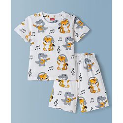 Babyhug Cotton Knit Half Sleeves Co-Ord T-Shirt & Short Night Suit with Animal Print - White