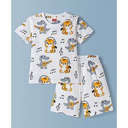 Babyhug Cotton Knit Half Sleeves Co-Ord T-Shirt & Short Night Suit with Animal Print - White