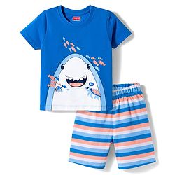 Babyhug Cotton Knit Half Sleeves T-Shirt & Short Night Suit with Striped & Shark Print -  Blue