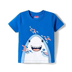 Babyhug Cotton Knit Half Sleeves T-Shirt & Short Night Suit with Striped & Shark Print -  Blue
