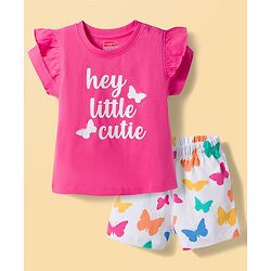 Babyhug Cotton Knit Half Sleeves T-Shirt & Shorts Night Suit With Butterfly Print - Dark Pink