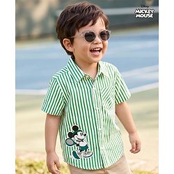 Babyhug Disney Poplin Woven Striped Shirt with Half Sleeves and Mickey Mouse Print - Green