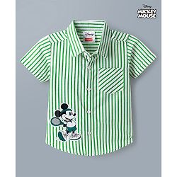 Babyhug Disney Poplin Woven Striped Shirt with Half Sleeves and Mickey Mouse Print - Green