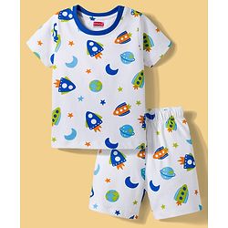 Babyhug Cotton Knit Half Sleeves T-Shirt & Shorts Co-ord Night Suit With Space Theme Print - White