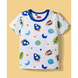 Babyhug Cotton Knit Half Sleeves T-Shirt & Shorts Co-ord Night Suit With Space Theme Print - White
