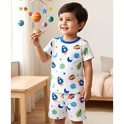 Babyhug Cotton Knit Half Sleeves T-Shirt & Shorts Co-ord Night Suit With Space Theme Print - White
