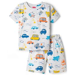 Babyhug Cotton Knit Half Sleeves T-Shirt & Shorts Co-ord Night Suit With Car Print - Grey