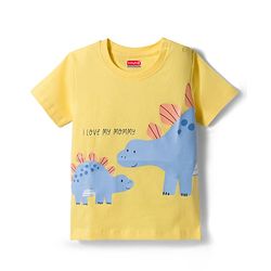 Babyhug Cotton Knit Half Sleeves T-Shirt & Short Night Suit with Striped & Dino Print - Yellow