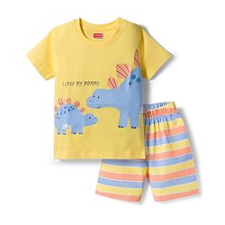 Babyhug Cotton Knit Half Sleeves T-Shirt & Short Night Suit with Striped & Dino Print - Yellow