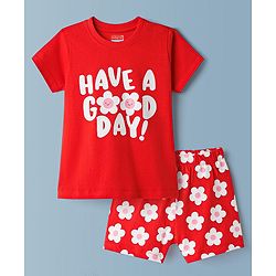 Babyhug Cotton Knit Half Sleeves T-Shirt & Shorts Night Suit With Floral Print - Red