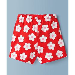 Babyhug Cotton Knit Half Sleeves T-Shirt & Shorts Night Suit With Floral Print - Red