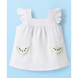 Babyhug Cotton Woven Frill Sleeves Top with Kiwi Embroidery & Shorts Set - White & Green