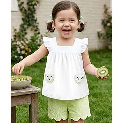 Babyhug Cotton Woven Frill Sleeves Top with Kiwi Embroidery & Shorts Set - White & Green