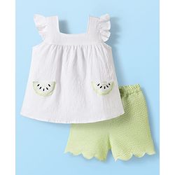 Babyhug Cotton Woven Frill Sleeves Top with Kiwi Embroidery & Shorts Set - White & Green
