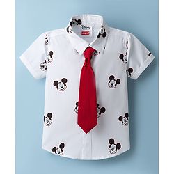 Babyhug Disney Cotton Woven Half Sleeves Shirt With Micky Mouse Graphics & Tie - White