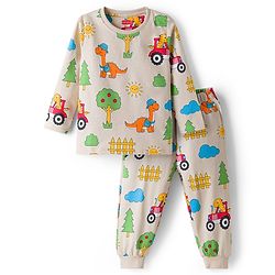 Babyhug Cotton Knit Full Sleeves T-Shirt & Pyjama Co-ord Night Suit With Dino Print - Beige