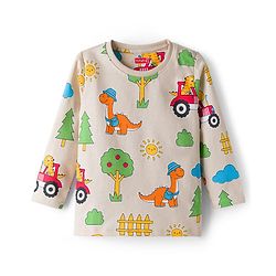 Babyhug Cotton Knit Full Sleeves T-Shirt & Pyjama Co-ord Night Suit With Dino Print - Beige