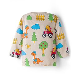 Babyhug Cotton Knit Full Sleeves T-Shirt & Pyjama Co-ord Night Suit With Dino Print - Beige