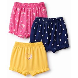Babyhug 100% Cotton Single Jersey Knit Bloomer with Hearts & Floral Pack of 3 - Dark Pink Yellow & Navy