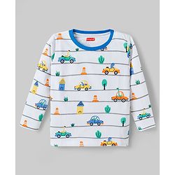 Babyhug Cotton Knit Full Sleeves Co-ords T-Shirt & Pajama Night Suit with Vehicle Print - White