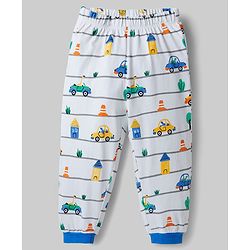 Babyhug Cotton Knit Full Sleeves Co-ords T-Shirt & Pajama Night Suit with Vehicle Print - White
