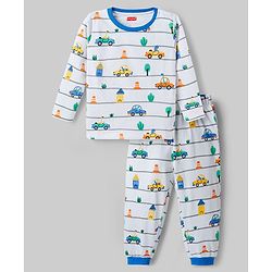 Babyhug Cotton Knit Full Sleeves Co-ords T-Shirt & Pajama Night Suit with Vehicle Print - White
