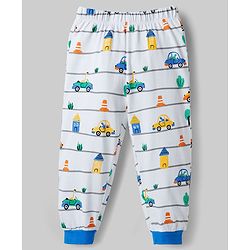 Babyhug Cotton Knit Full Sleeves Co-ords T-Shirt & Pajama Night Suit with Vehicle Print - White
