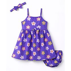 Babyhug Single Jersey Knit Sleeveless Floral Printed Frock With Bloomer & Headband - Purple