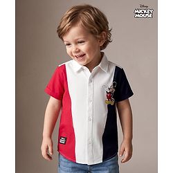 Babyhug Disney 100% Cotton Woven Half Sleeves Cut N Sew Shirt With Mickey Mouse Graphic - Red & White