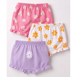 Babyhug 100% Cotton Knit Floral Printed Bloomers Pack Of 3 - Lilac Pink & White