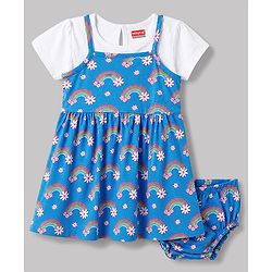 Babyhug Single Jersey Knit Frock & Bloomer With Half Sleeves Tee & Rainbow Print - Blue