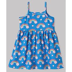 Babyhug Single Jersey Knit Frock & Bloomer With Half Sleeves Tee & Rainbow Print - Blue