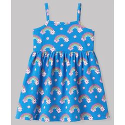 Babyhug Single Jersey Knit Frock & Bloomer With Half Sleeves Tee & Rainbow Print - Blue