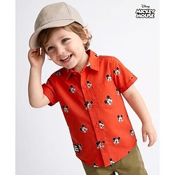 Babyhug Disney 100% Cotton Woven Half Sleeves Shirt With Mickey Mouse Graphic- Red