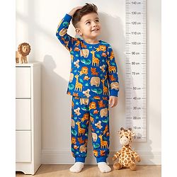 Babyhug 100% Cotton Knit Full Sleeves Animal Printed Co-Ords T-Shirt & Pyjama Night Suit - Blue