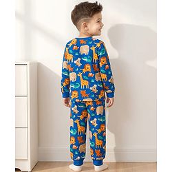 Babyhug 100% Cotton Knit Full Sleeves Animal Printed Co-Ords T-Shirt & Pyjama Night Suit - Blue