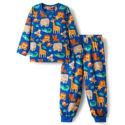 Babyhug 100% Cotton Knit Full Sleeves Animal Printed Co-Ords T-Shirt & Pyjama Night Suit - Blue