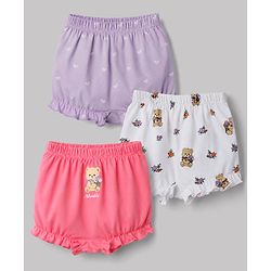 Babyhug 100% Cotton Single Jersey Knit Bear Printed Bloomers Pack of 3 - Mauve & White