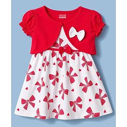 Babyhug Single Jersey Knit Half Sleeves Bow Print & Applique Frock With Shrug - White