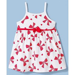 Babyhug Single Jersey Knit Half Sleeves Bow Print & Applique Frock With Shrug - White