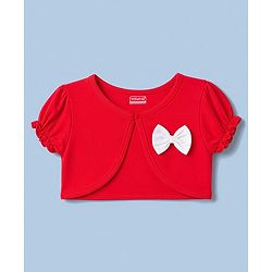 Babyhug Single Jersey Knit Half Sleeves Bow Print & Applique Frock With Shrug - White